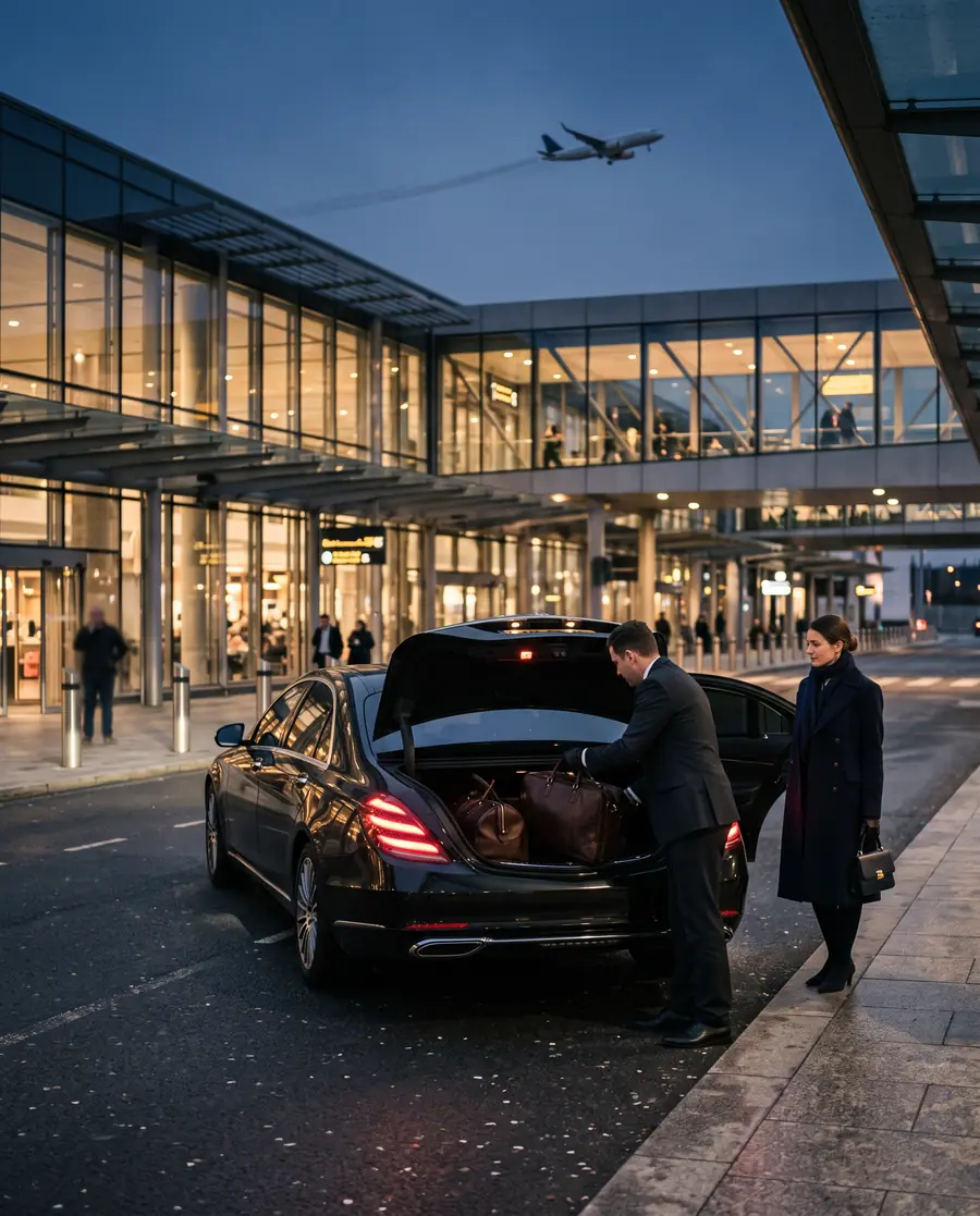 Chauffeur loading luggage into a black saloon outside an airport terminal
