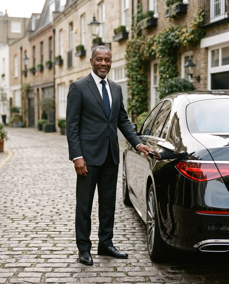 Uniformed Embassy chauffeur beside a black Mercedes S Class in a West London mews